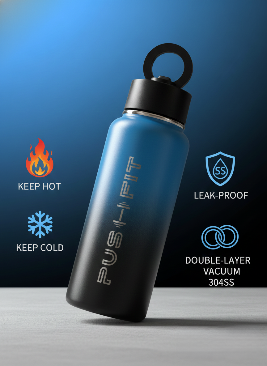 Gym Water Bottle with Magnetic Phone Holder | Insulated Stainless Steel Sport Flask – Push Fit