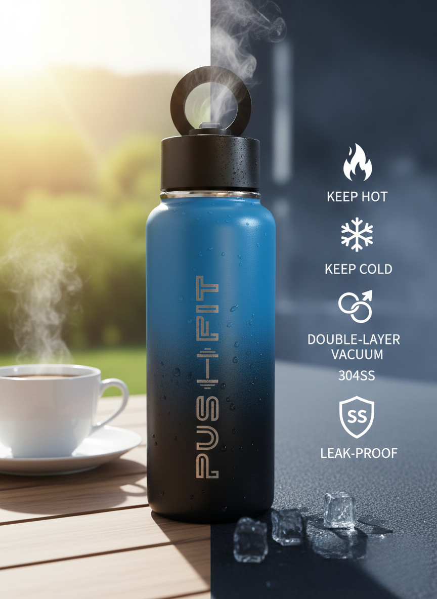 Gym Water Bottle with Magnetic Phone Holder | Insulated Stainless Steel Sport Flask – Push Fit